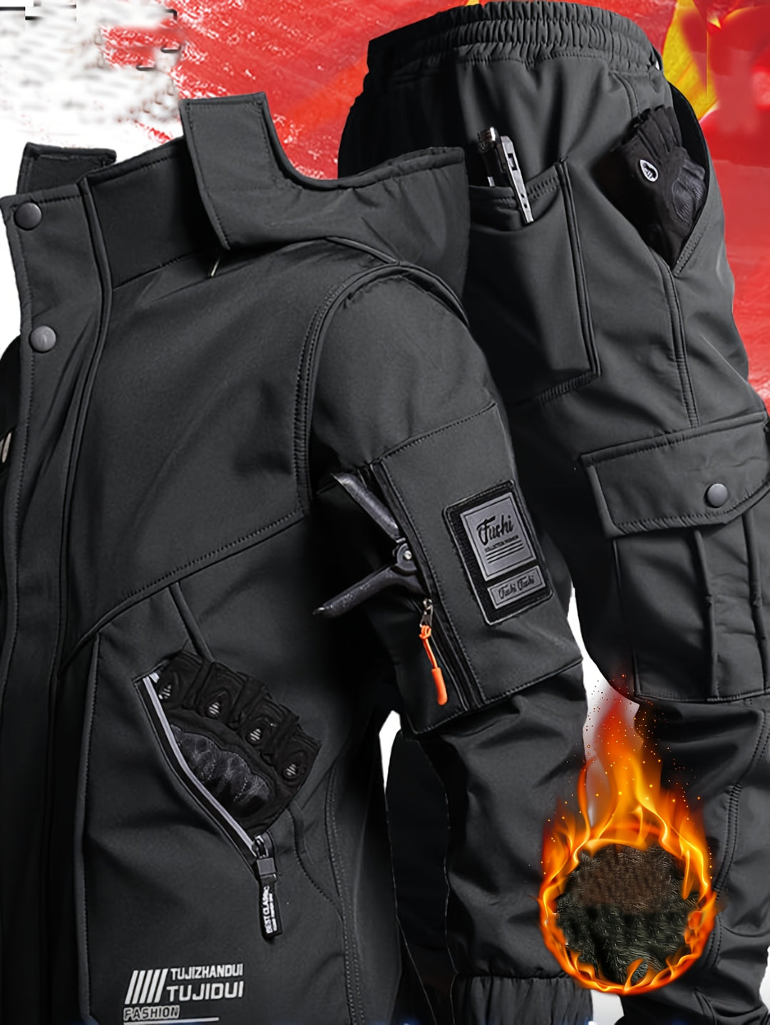 Men's Padded Winter Suit Hooded Jacket and Trousers Hiking Casual Wear