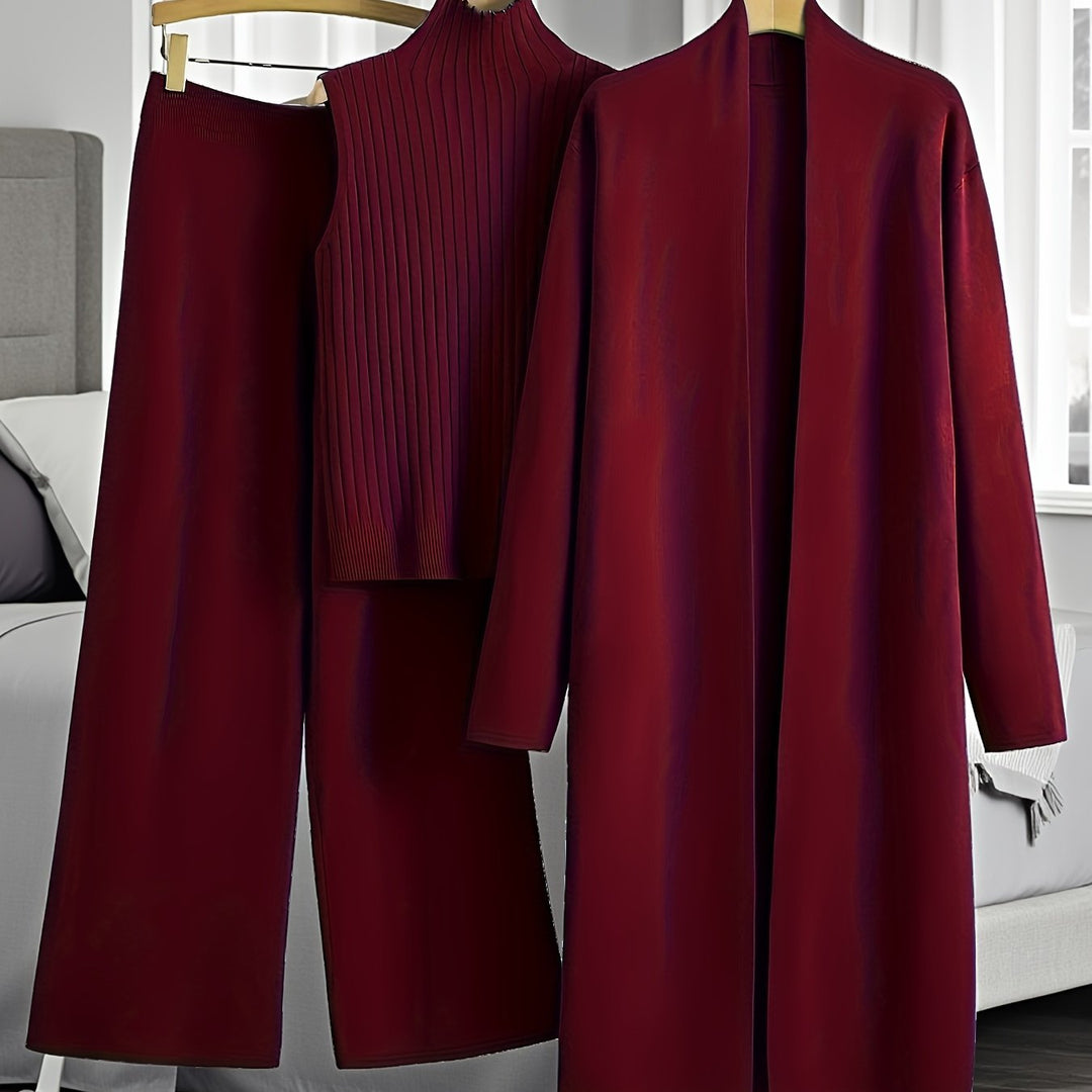 Women’s Loose Fashionable Three-Piece Set with Wide-Leg Pants, Cardigan, Vest