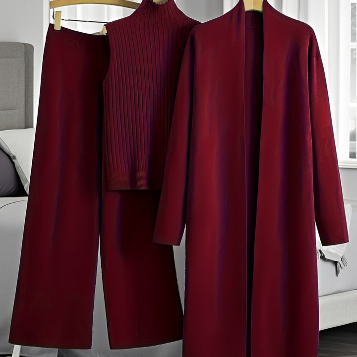 Women’s Loose Fashionable Three-Piece Set with Wide-Leg Pants, Cardigan, Vest