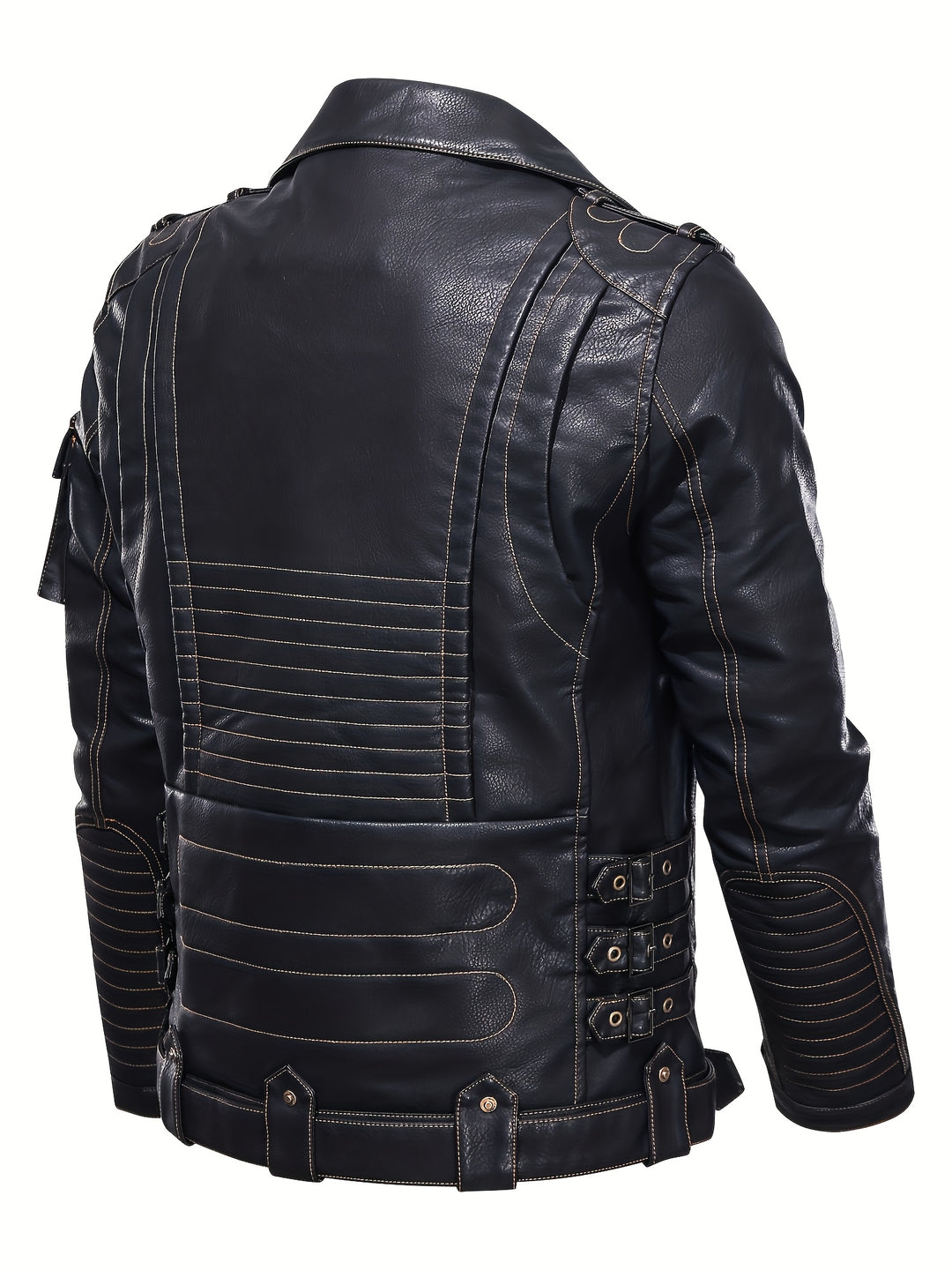 Men's Motorcycle Biker Jacket with Zipper Pockets and Adjustable Belt