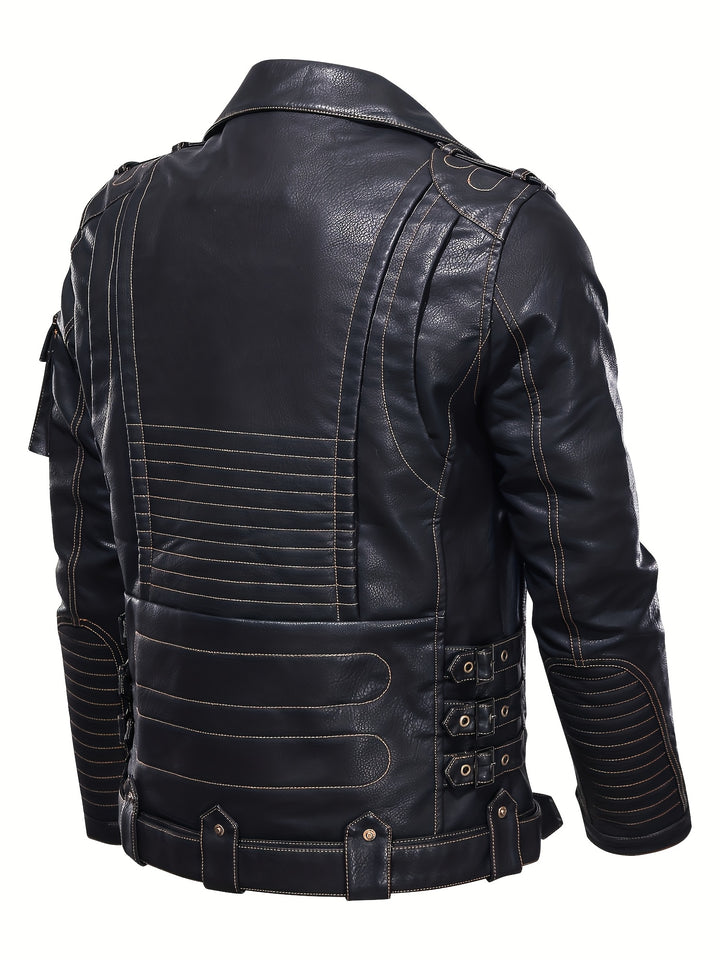 Men's Motorcycle Biker Jacket with Zipper Pockets and Adjustable Belt