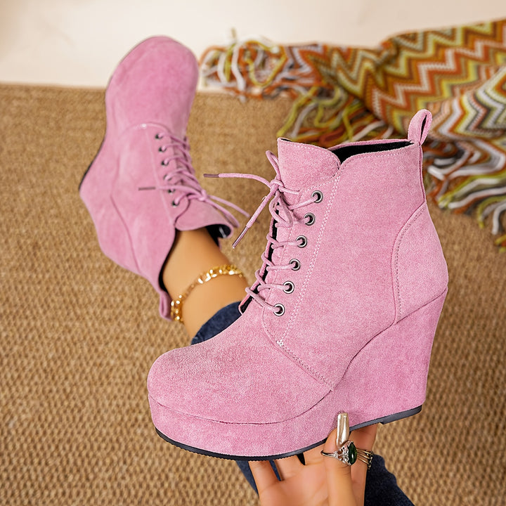 Women's Fashion Boots Round Toe Lace-Up Wedge Ankle Boots