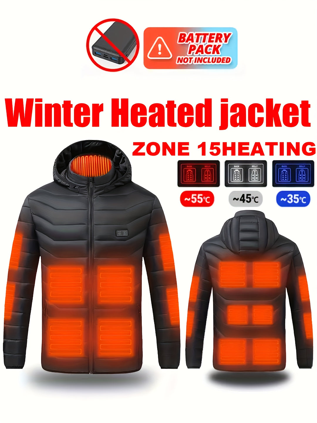 Heated Jacket with 24 Heating Zones and USB Power Full-Zip Coat