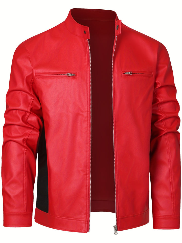 Men's PU Leather Motorcycle Jacket Stand-up Collar Windproof Outerwear