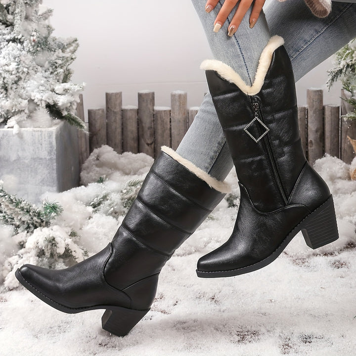 Women's Fashion Boots with Chunky Heel and Side Zipper