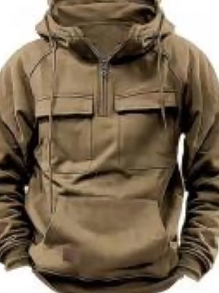 Men's Quarter Zip Hoodie Loose Fit Multi Pocket Sports Tactical