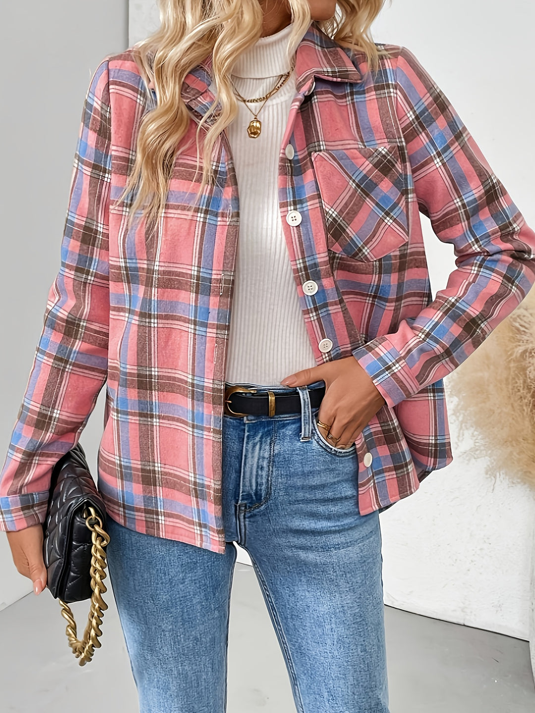 Women's Fleece-Lined Button-Up Shirt with Pockets Gingham Plaid