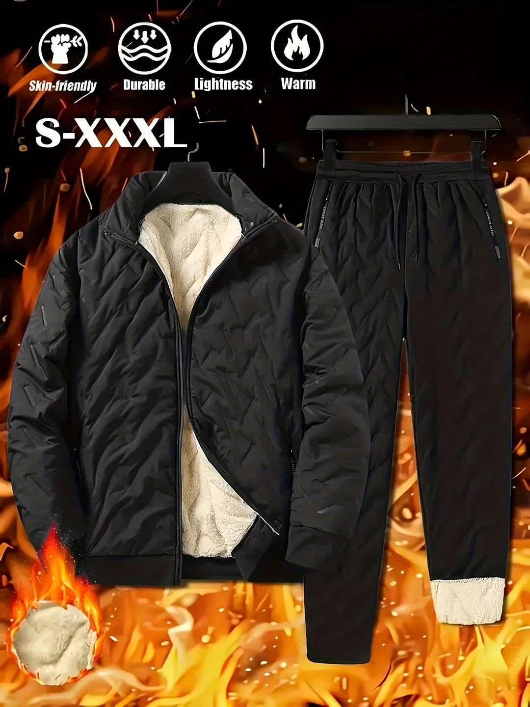 Men's Casual Two-Piece Fleece-Lined Jacket and Pants Set