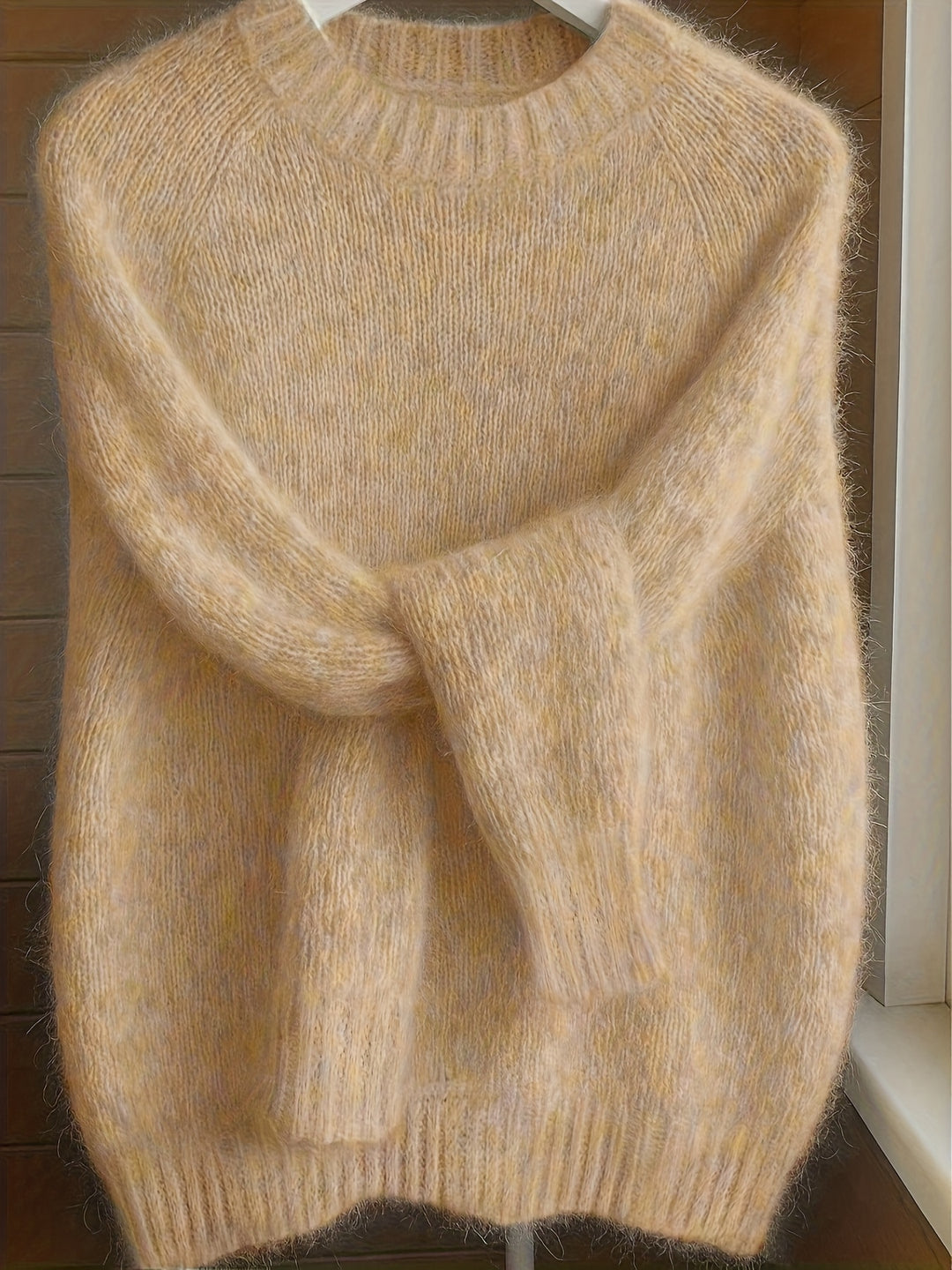 Women's Mohair Blend Sweater with Raglan Sleeve and Drop Shoulder Design