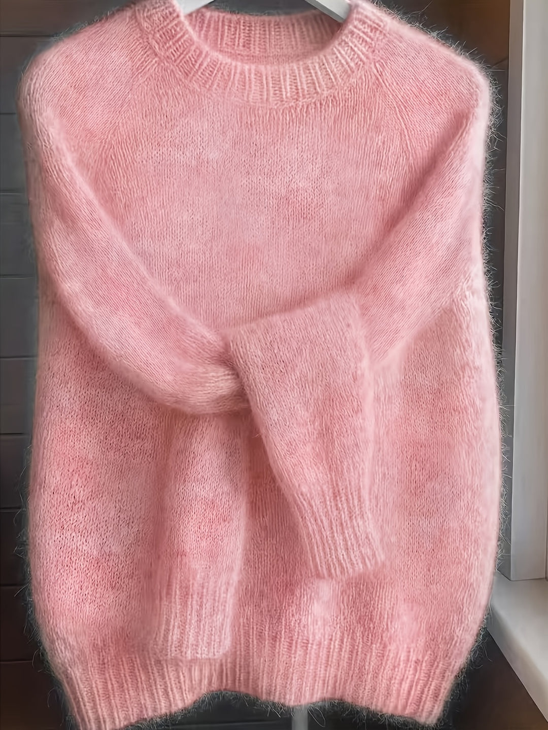 Women's Mohair Blend Sweater with Raglan Sleeve and Drop Shoulder Design