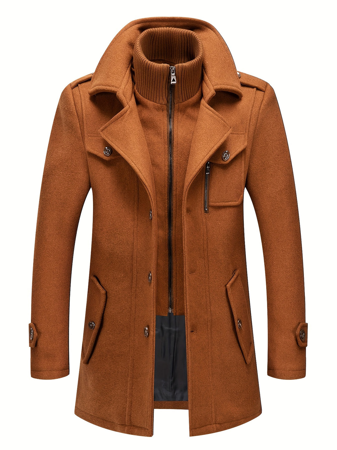 Men's Stand Collar Fleece Blend Pea Coat Single Breasted Overcoat