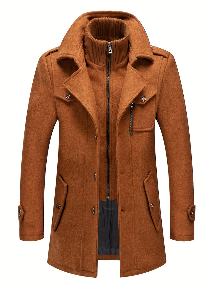 Men's Stand Collar Fleece Blend Pea Coat Single Breasted Overcoat