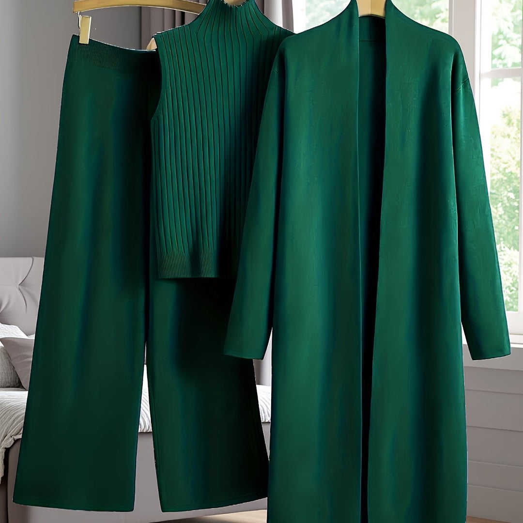 Women’s Loose Fashionable Three-Piece Set with Wide-Leg Pants, Cardigan, Vest