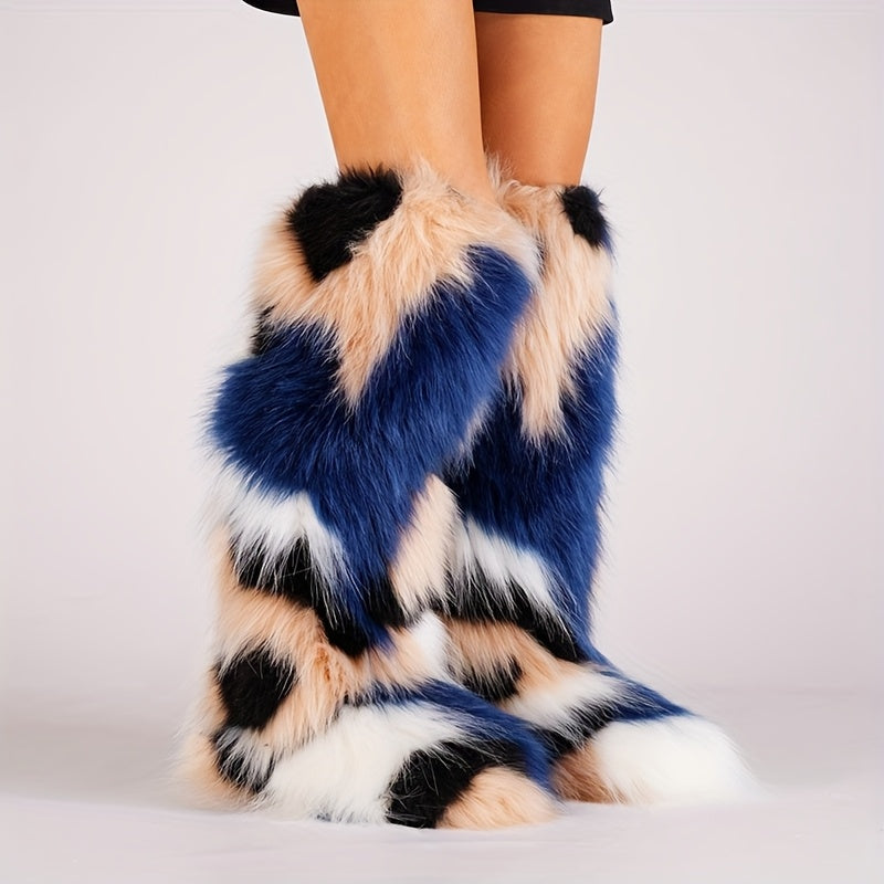Knee-High Faux Fur Winter Boots for Women with Flat Heel and Round Toe