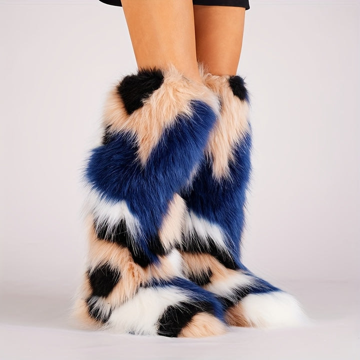 Knee-High Faux Fur Winter Boots for Women with Flat Heel and Round Toe
