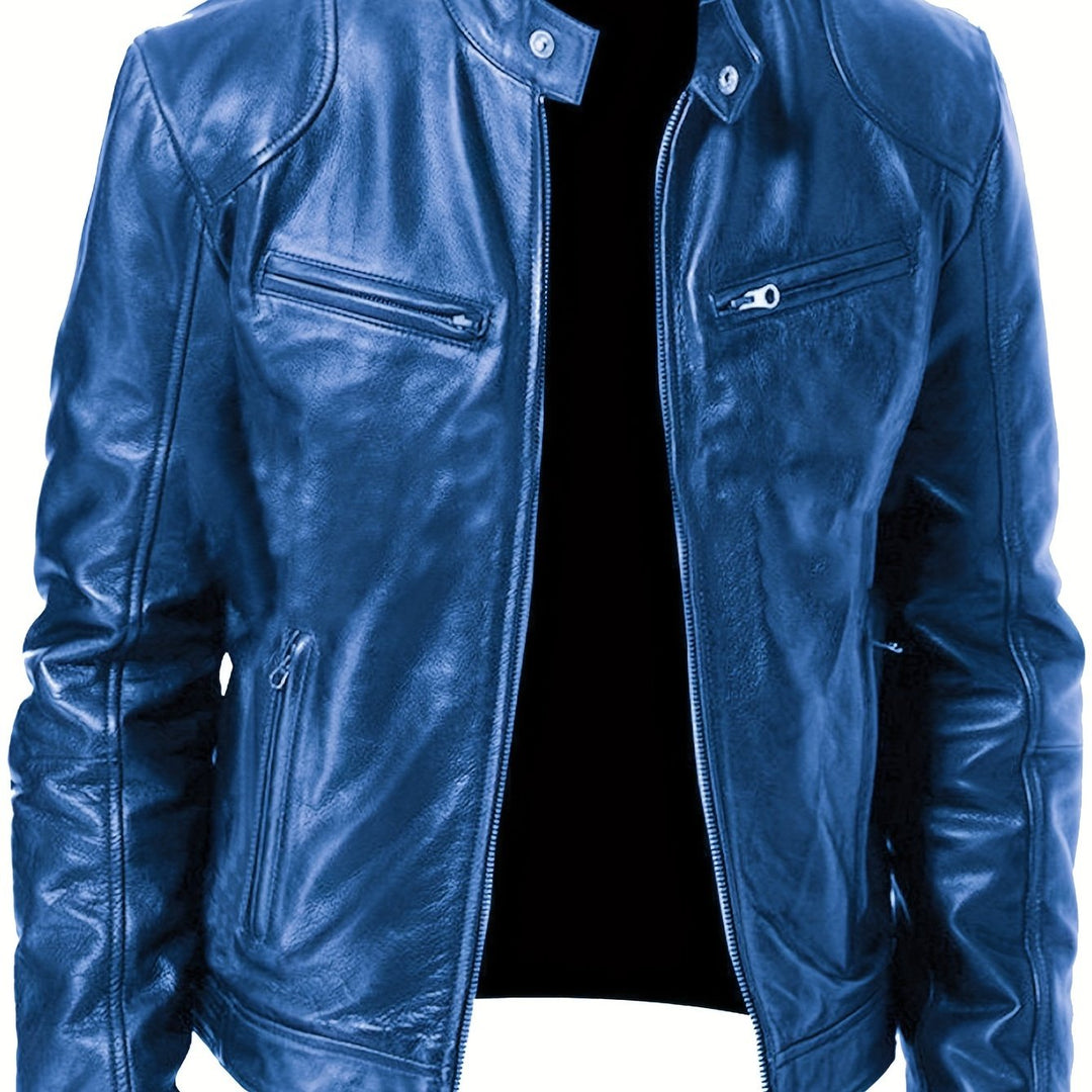 Men's Zip-Up Cardigan Multi-Pocket Motorcycle Jacket Leather Coat