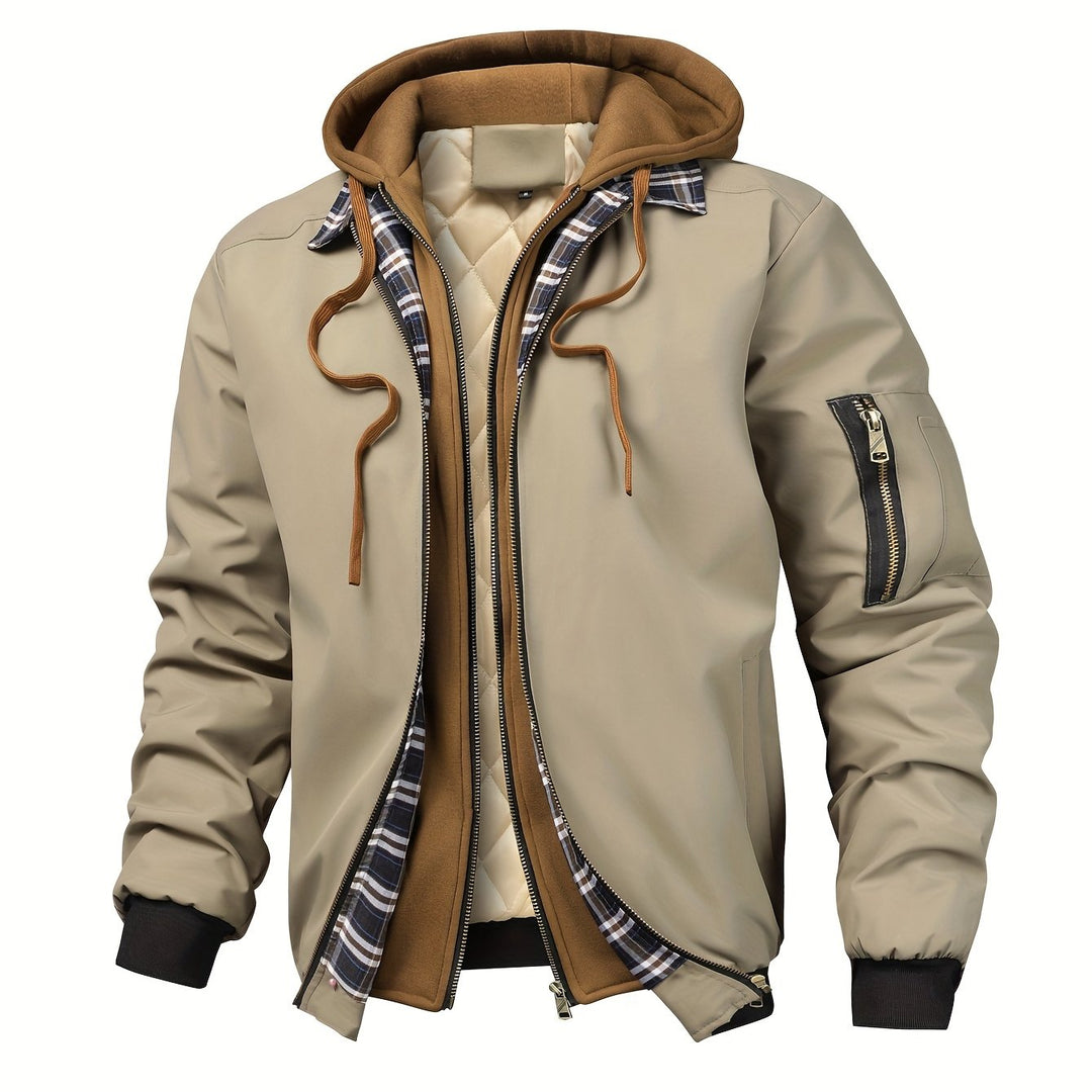Men's Sports Jacket with Cap, Outdoor Tactical Zipper Pocket Jacket
