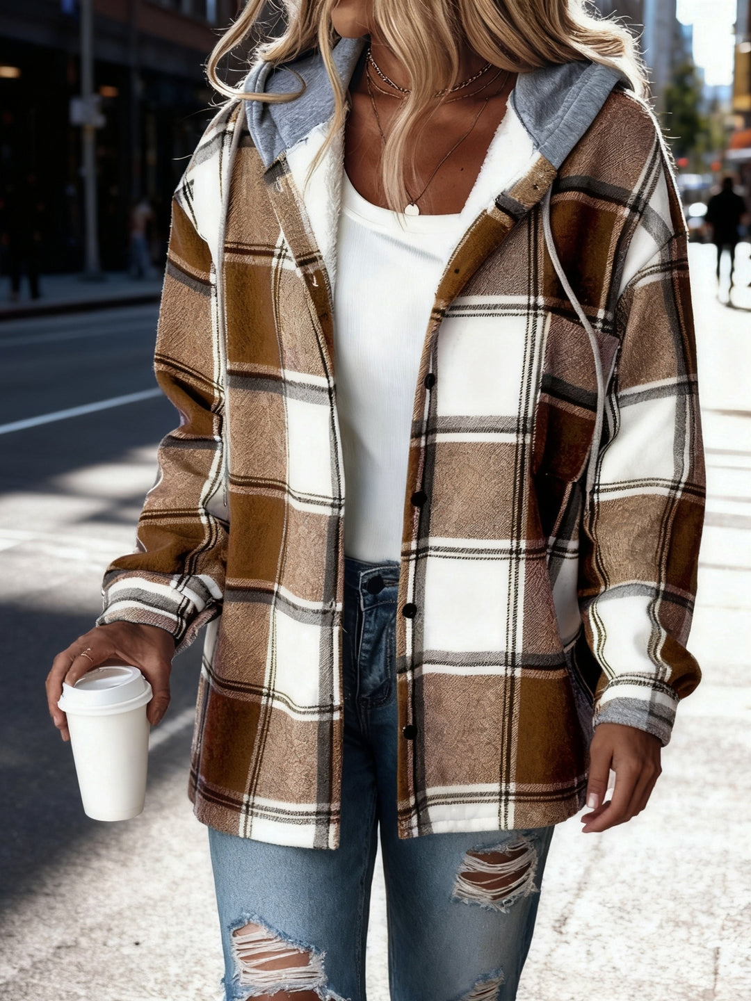 Women's Plaid Hooded Jacket with Lining Button-Front Closure