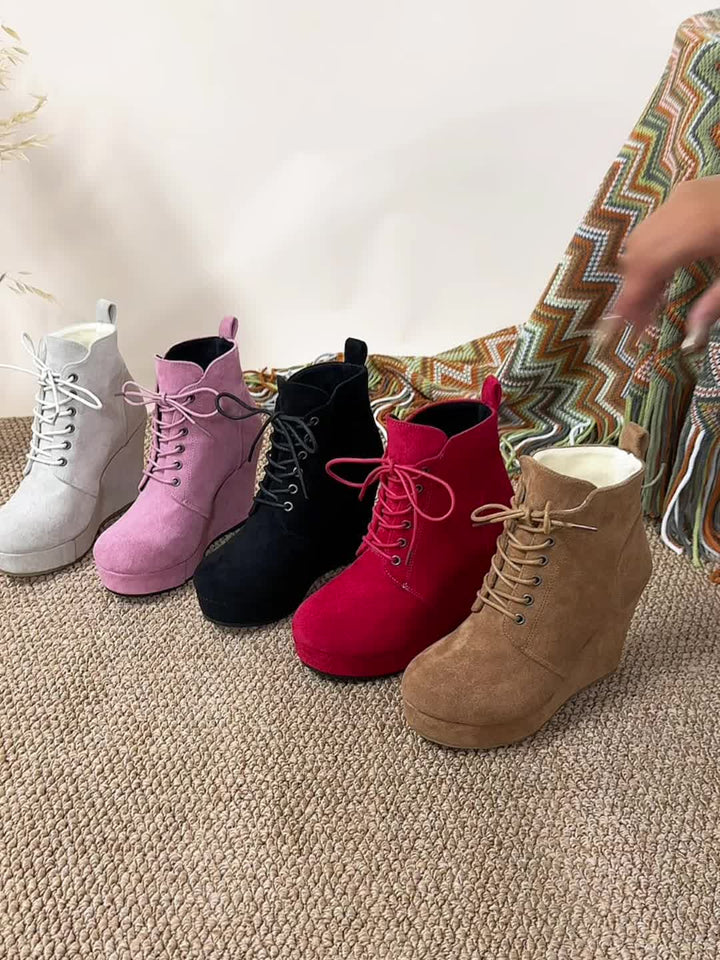 Women's Fashion Boots Round Toe Lace-Up Wedge Ankle Boots