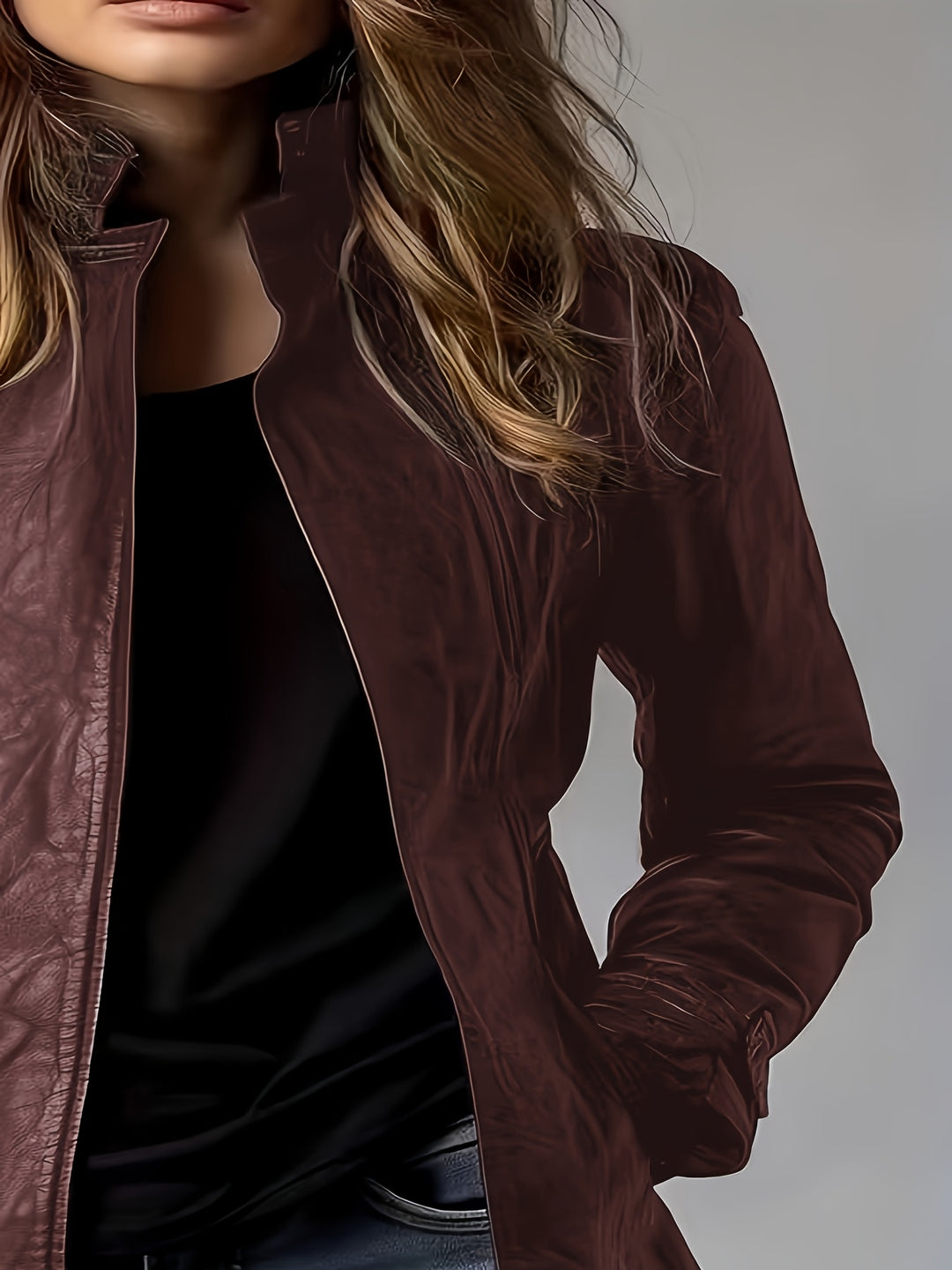 Women's Retro Motorcycle Jacket Elegant Vintage Blazer Mid-Length Coat