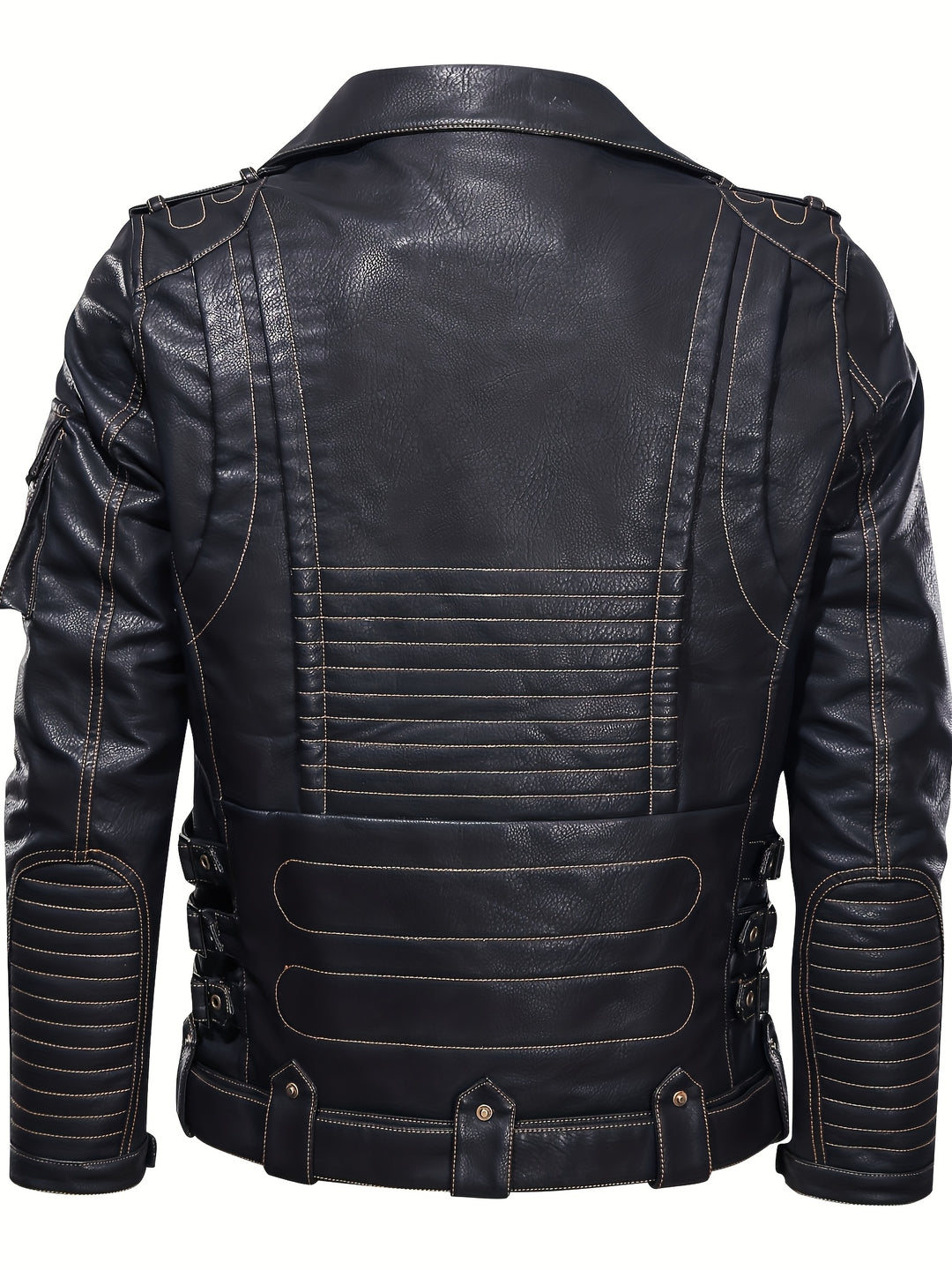 Men's Motorcycle Biker Jacket with Zipper Pockets and Adjustable Belt