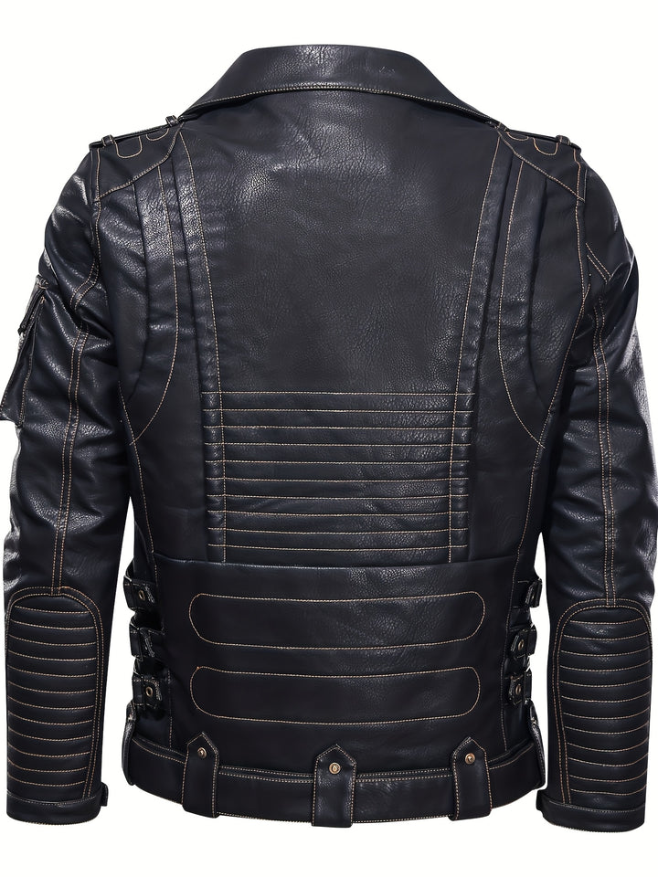 Men's Motorcycle Biker Jacket with Zipper Pockets and Adjustable Belt