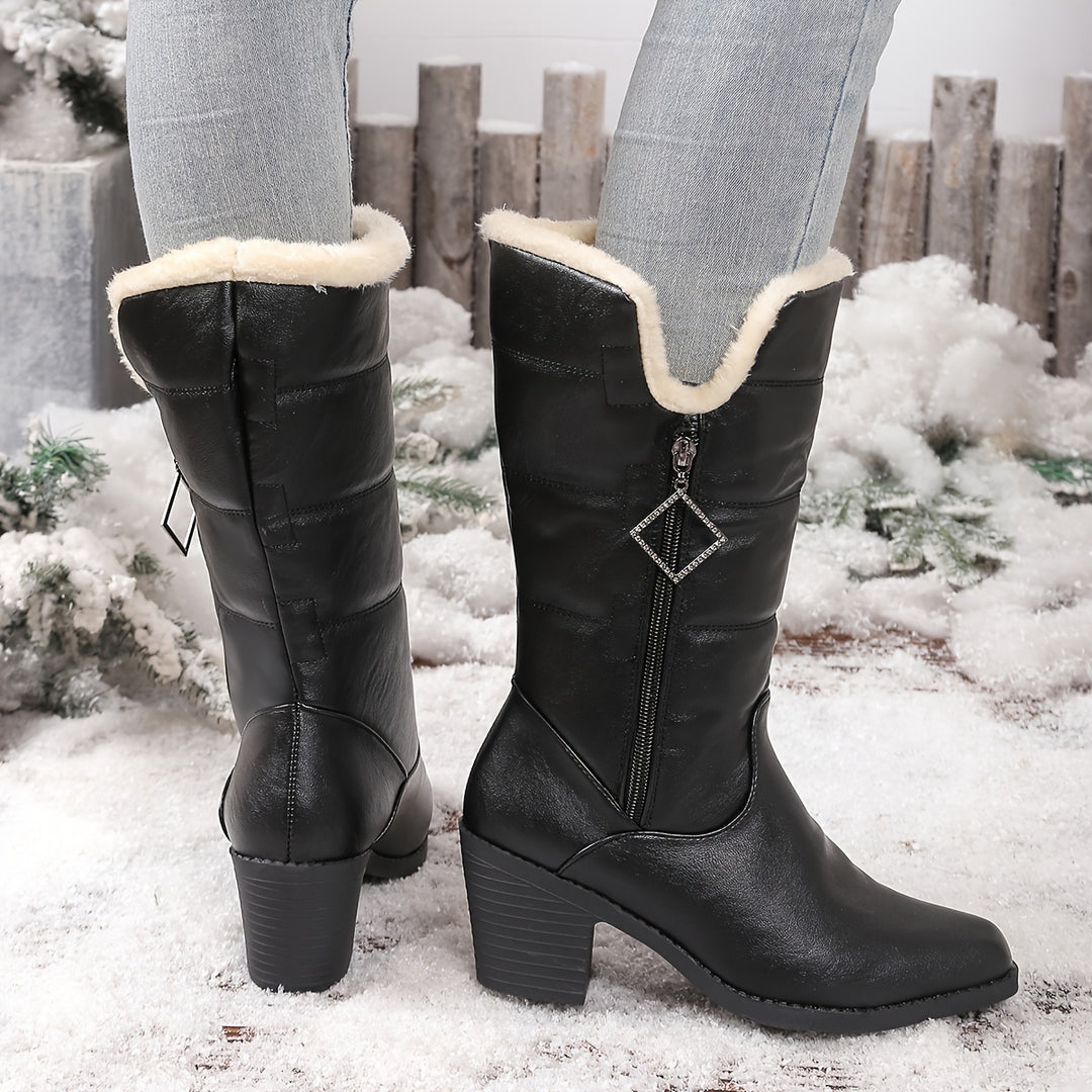 Women's Fashion Boots with Chunky Heel and Side Zipper
