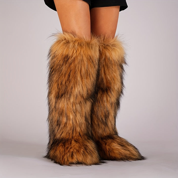 Knee-High Faux Fur Winter Boots for Women with Flat Heel and Round Toe