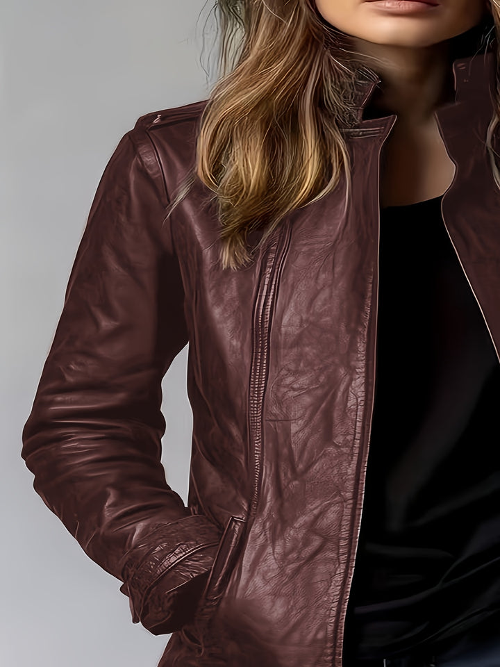 Women's Retro Motorcycle Jacket Elegant Vintage Blazer Mid-Length Coat
