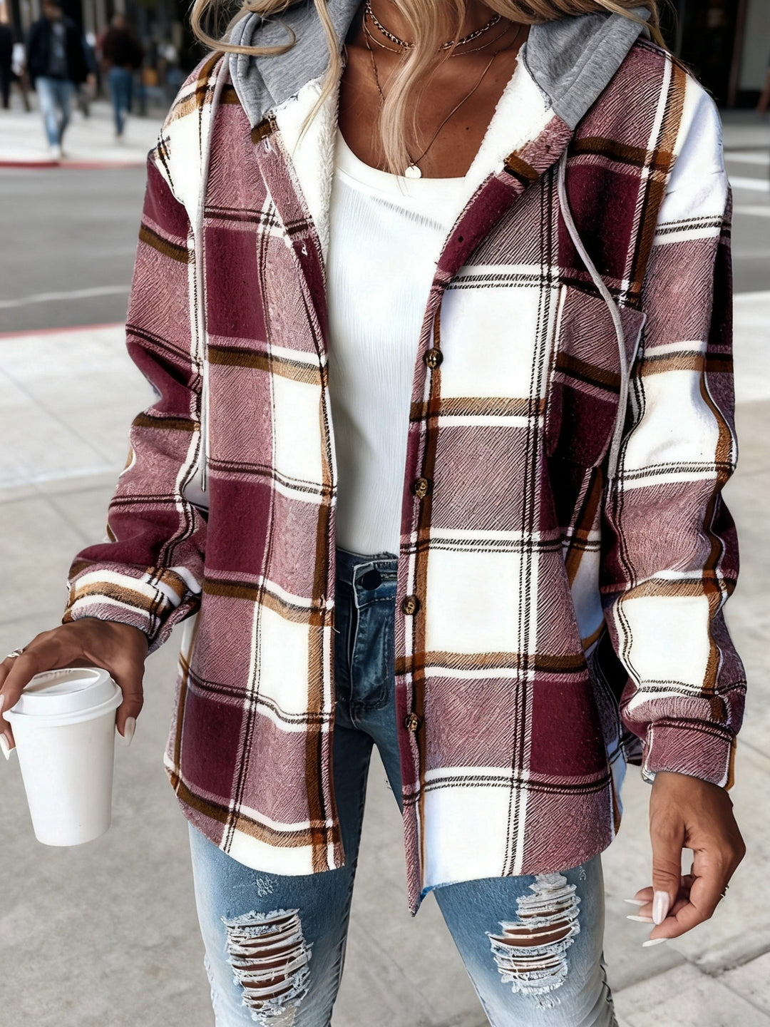 Women's Plaid Hooded Jacket with Lining Button-Front Closure