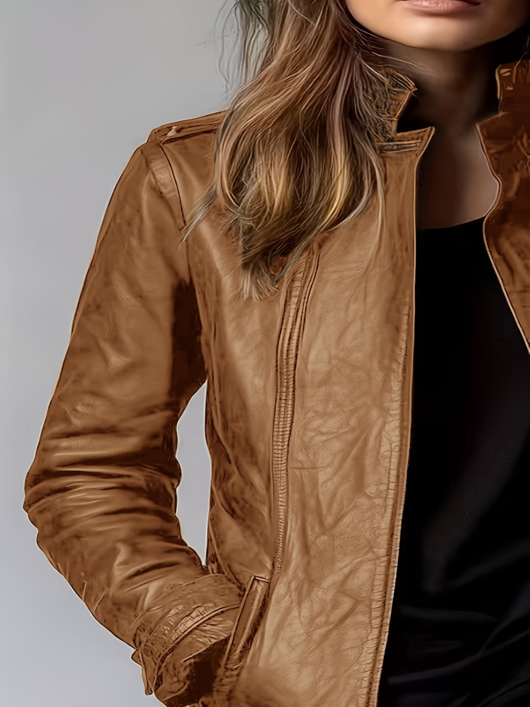 Women's Retro Motorcycle Jacket Elegant Vintage Blazer Mid-Length Coat