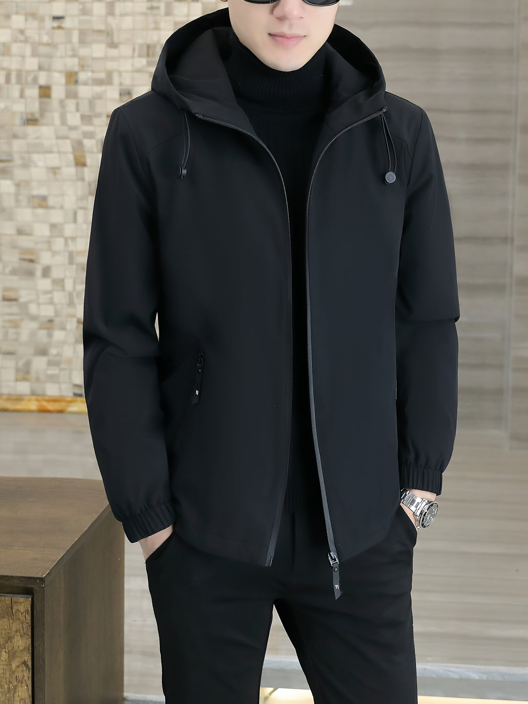 Men's Fleece Jacket Windproof Zip-Up Hooded Coat Winter Outerwear