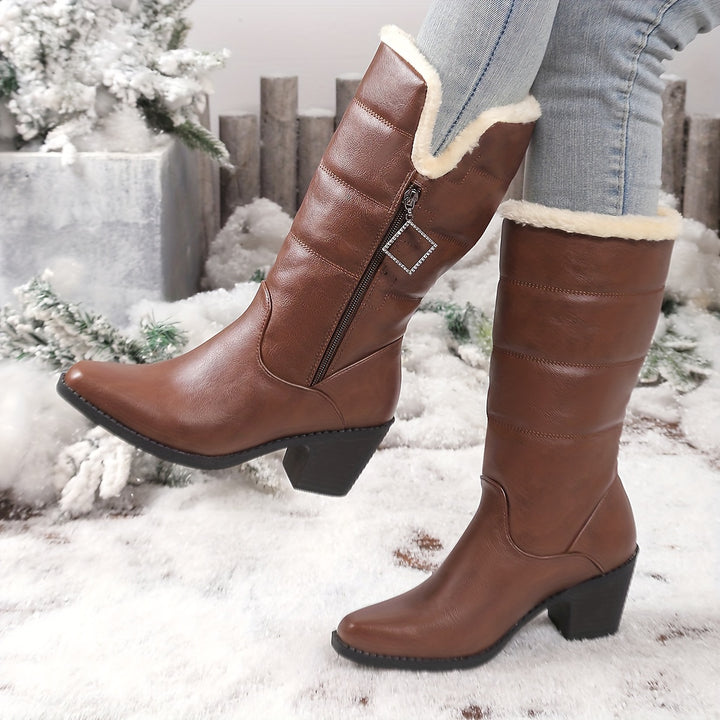 Women's Fashion Boots with Chunky Heel and Side Zipper