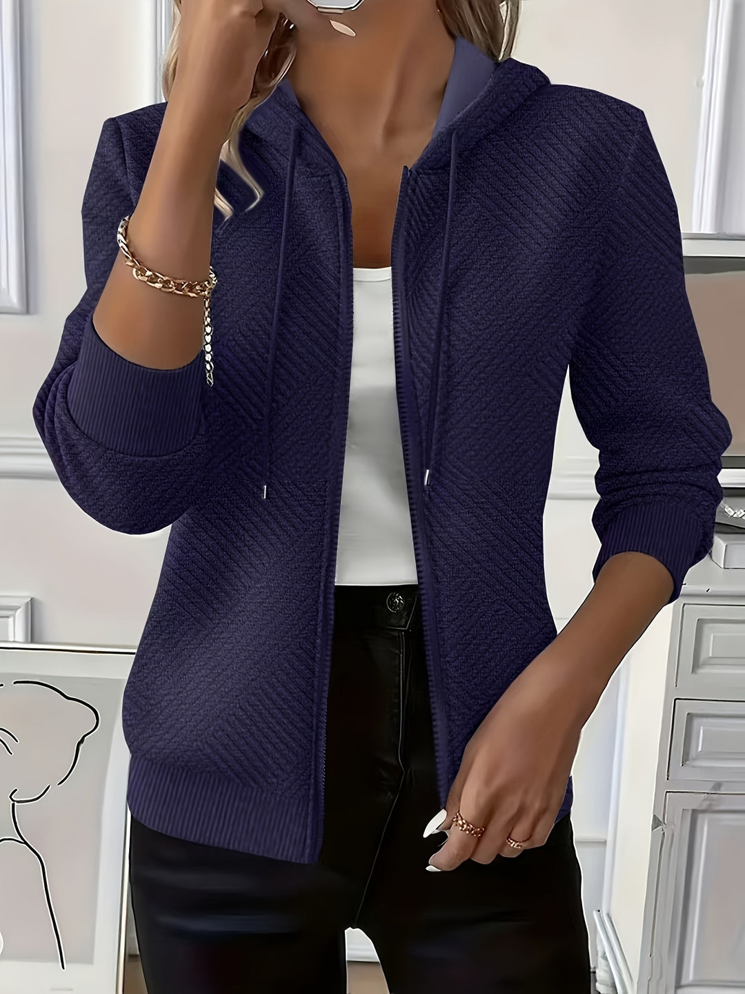 Stylish Elegant Casual Jacket Zippered Drawstring Hooded Cardigan