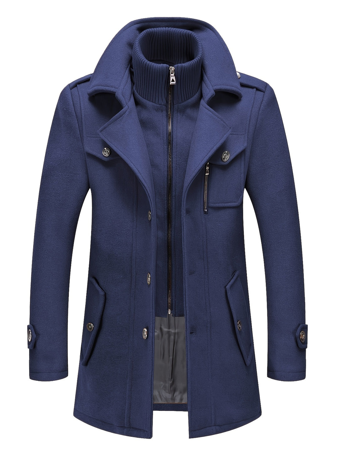 Men's Stand Collar Fleece Blend Pea Coat Single Breasted Overcoat