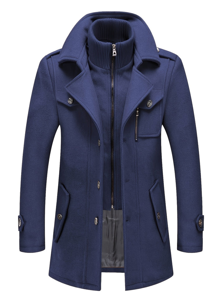 Men's Stand Collar Fleece Blend Pea Coat Single Breasted Overcoat