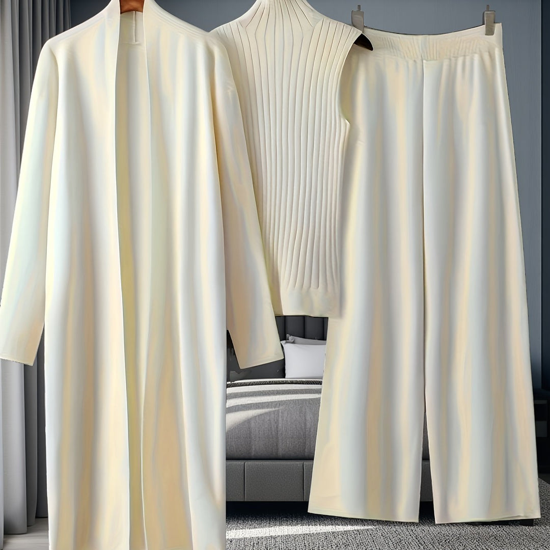 Women’s Loose Fashionable Three-Piece Set with Wide-Leg Pants, Cardigan, Vest