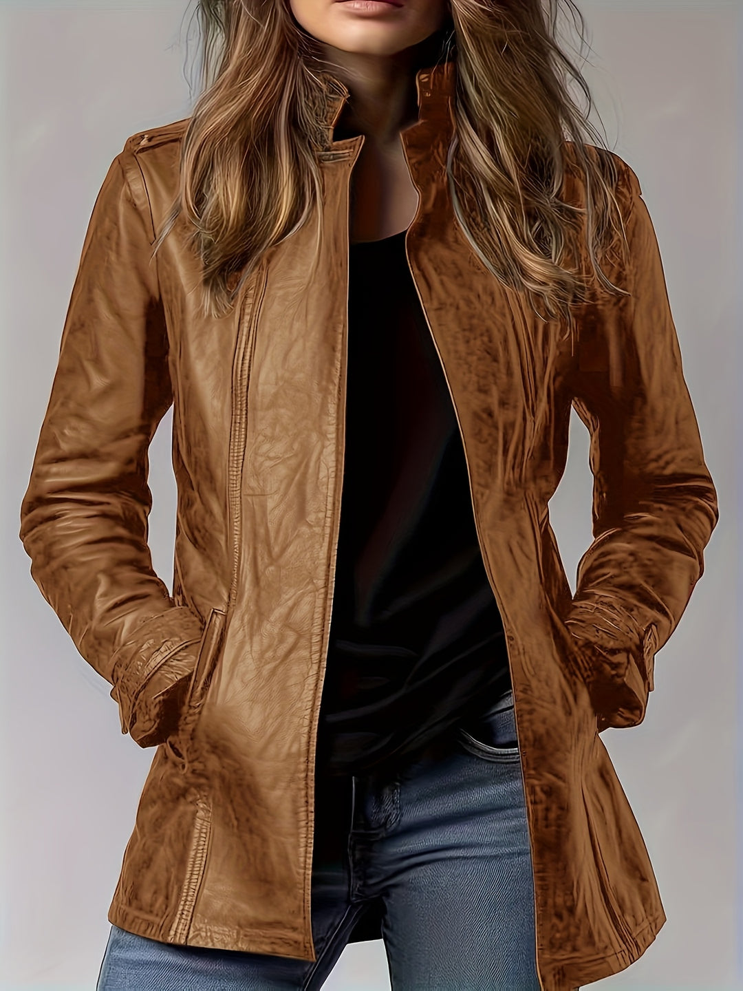 Women's Retro Motorcycle Jacket Elegant Vintage Blazer Mid-Length Coat