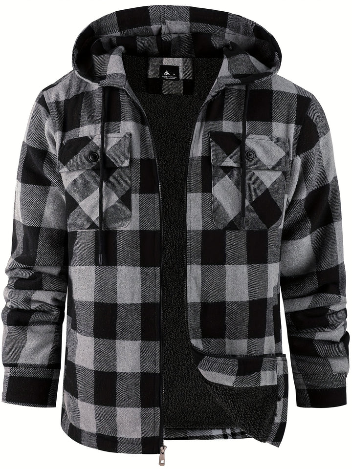 Men's Heavyweight Fleece Full Zip Hooded Plaid Shirt Jacket