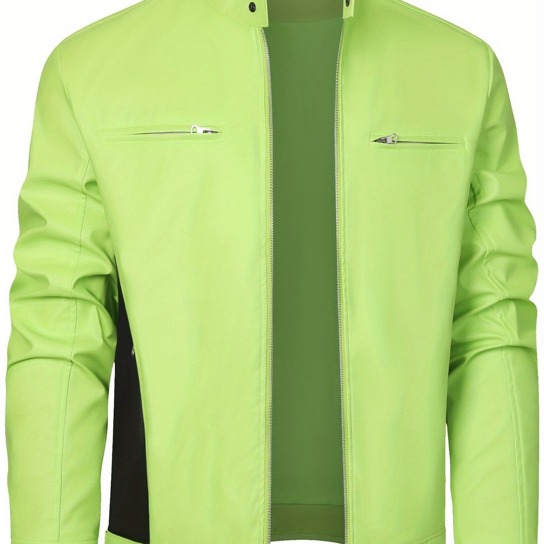 Men's PU Leather Motorcycle Jacket Stand-up Collar Windproof Outerwear