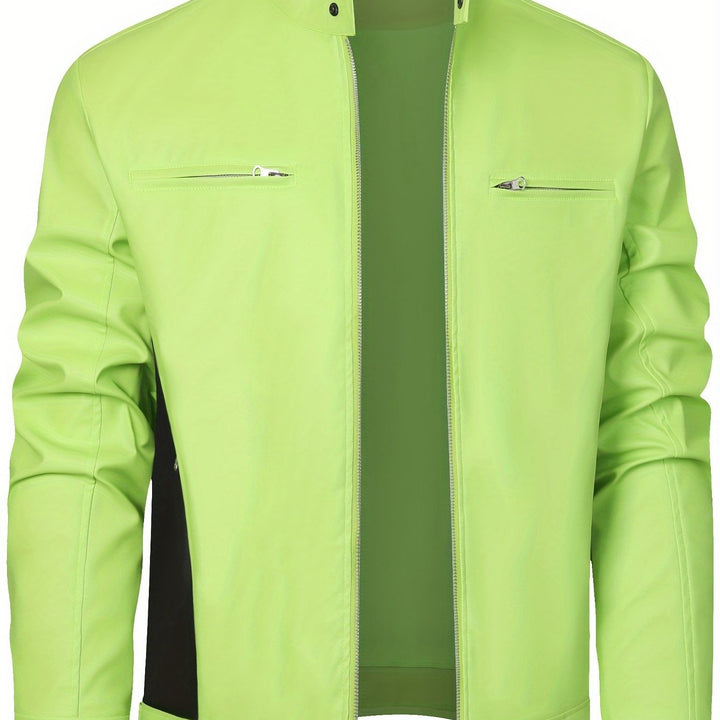 Men's PU Leather Motorcycle Jacket Stand-up Collar Windproof Outerwear