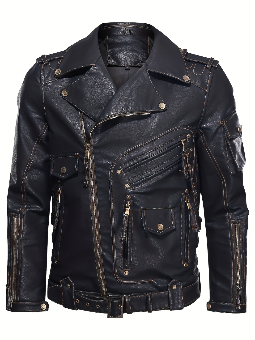 Men's Motorcycle Biker Jacket with Zipper Pockets and Adjustable Belt