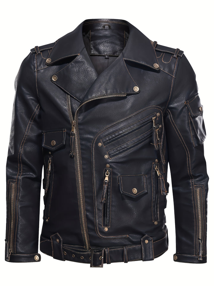 Men's Motorcycle Biker Jacket with Zipper Pockets and Adjustable Belt