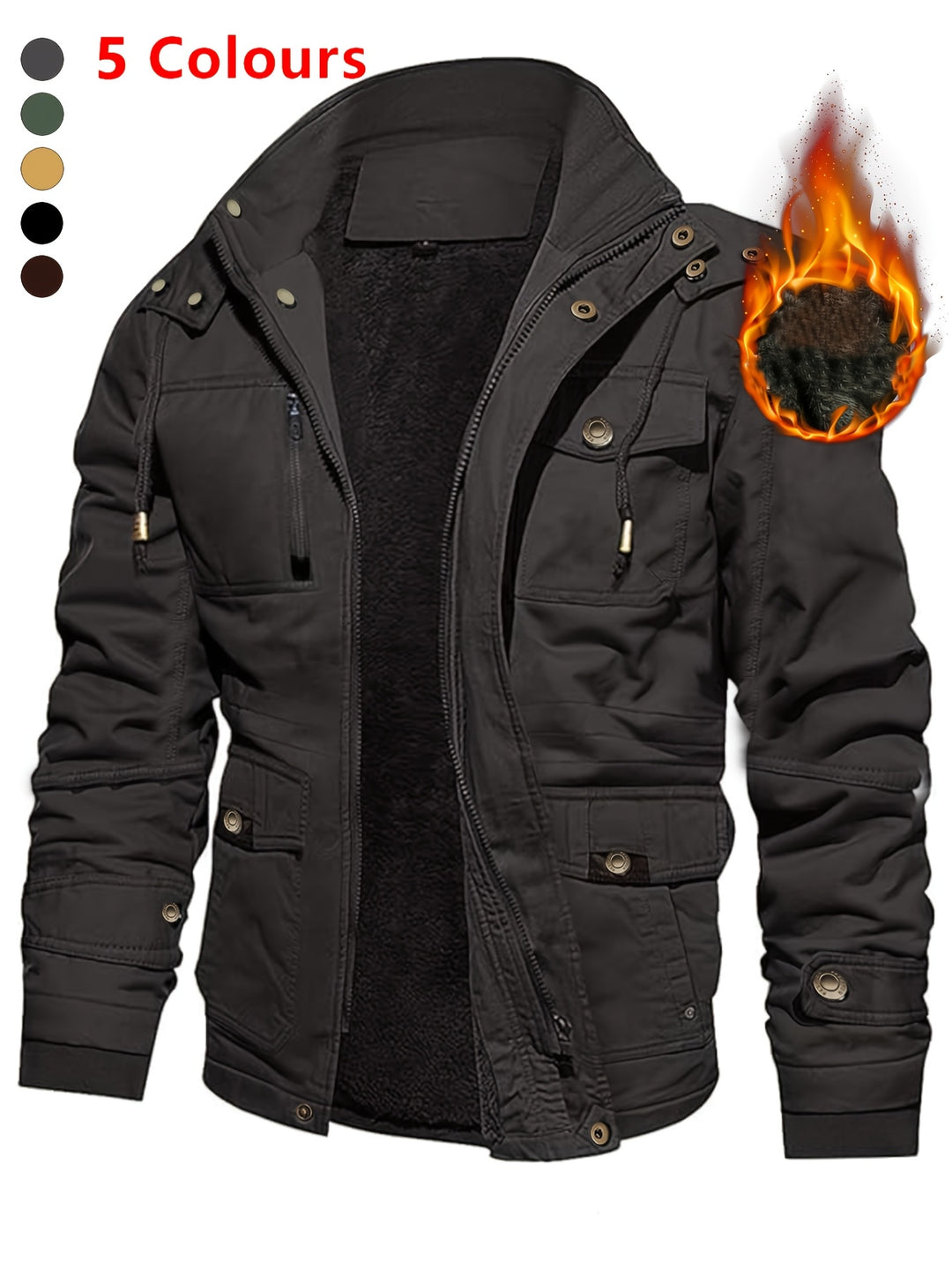 Men's Mid-Length Heavyweight Jacket with Detachable Hood and Pockets