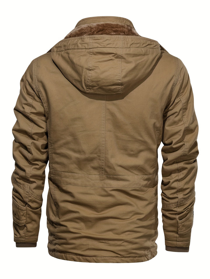 Men's Mid-Length Heavyweight Jacket with Detachable Hood and Pockets