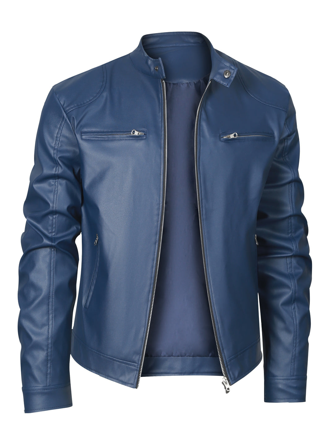 Men's PU Leather Motorcycle Jacket Stand-up Collar Windproof Outerwear