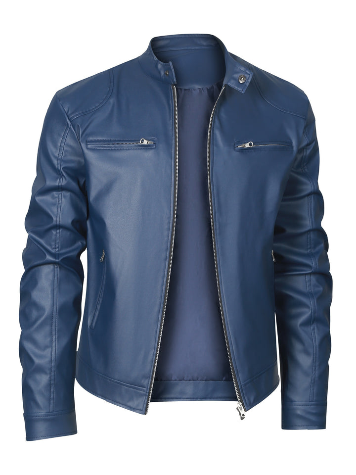 Men's PU Leather Motorcycle Jacket Stand-up Collar Windproof Outerwear