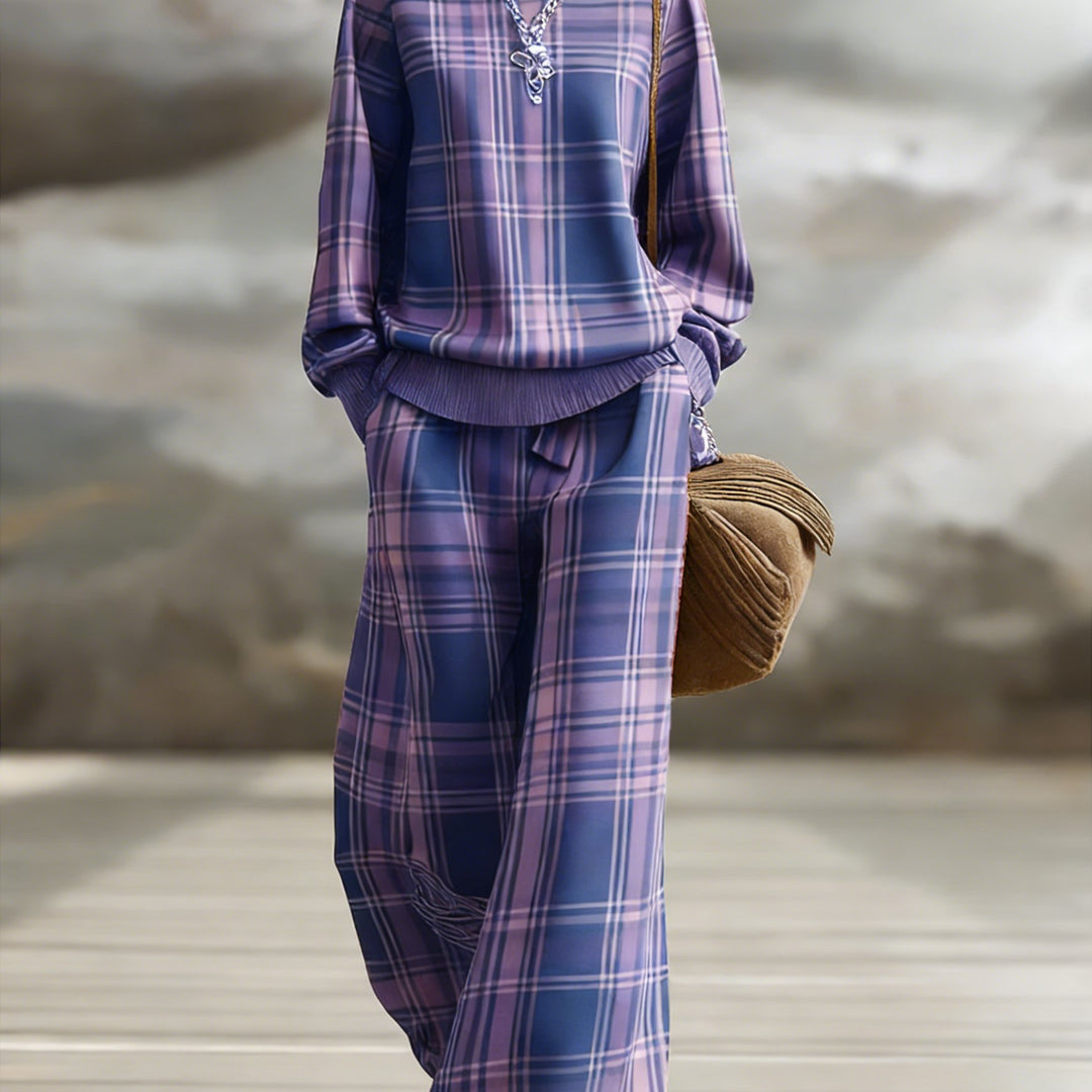 Vintage Plaid Wide-Leg Pants Set for Women
