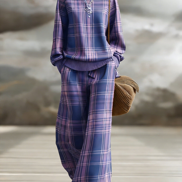 Vintage Plaid Wide-Leg Pants Set for Women