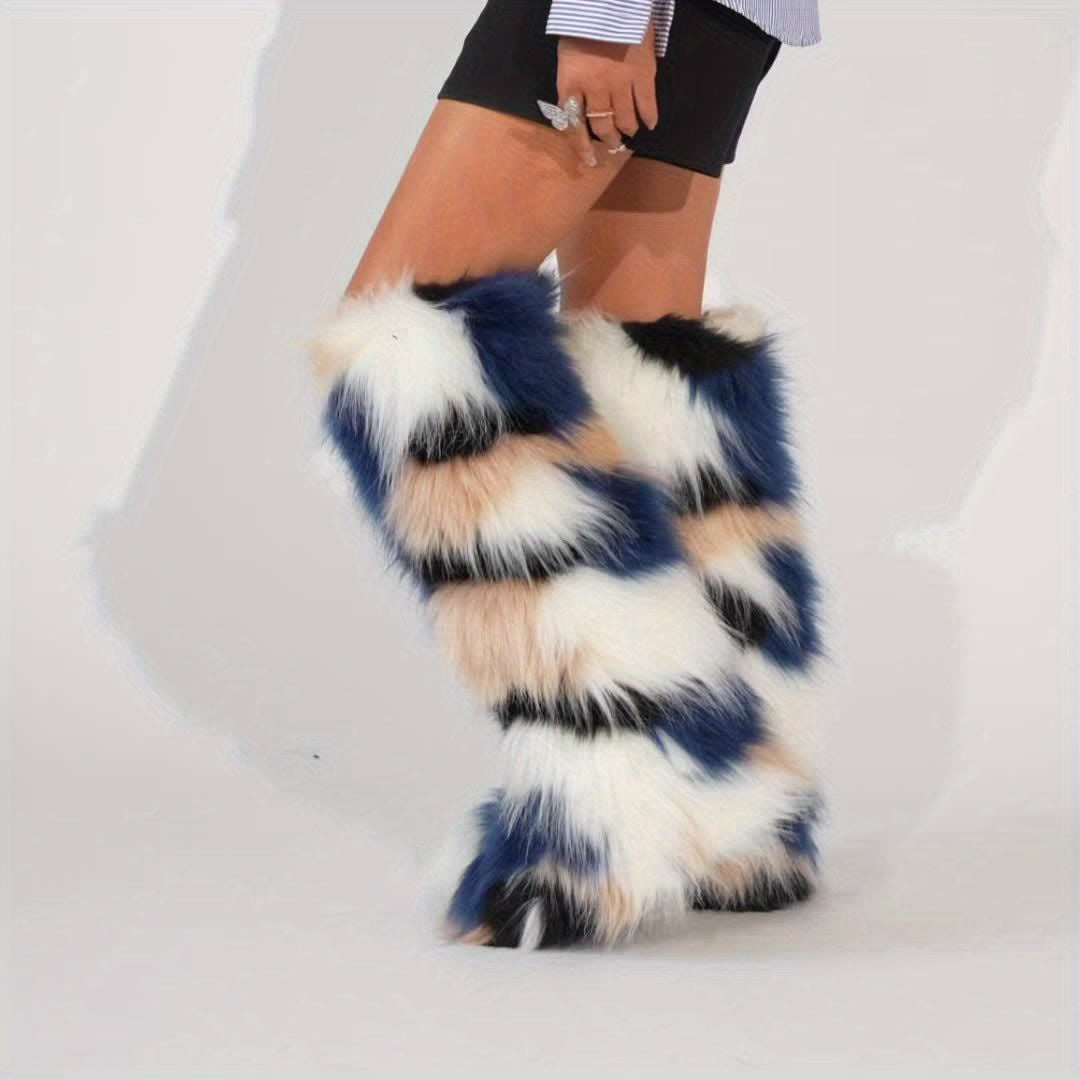 Knee-High Faux Fur Winter Boots for Women with Flat Heel and Round Toe